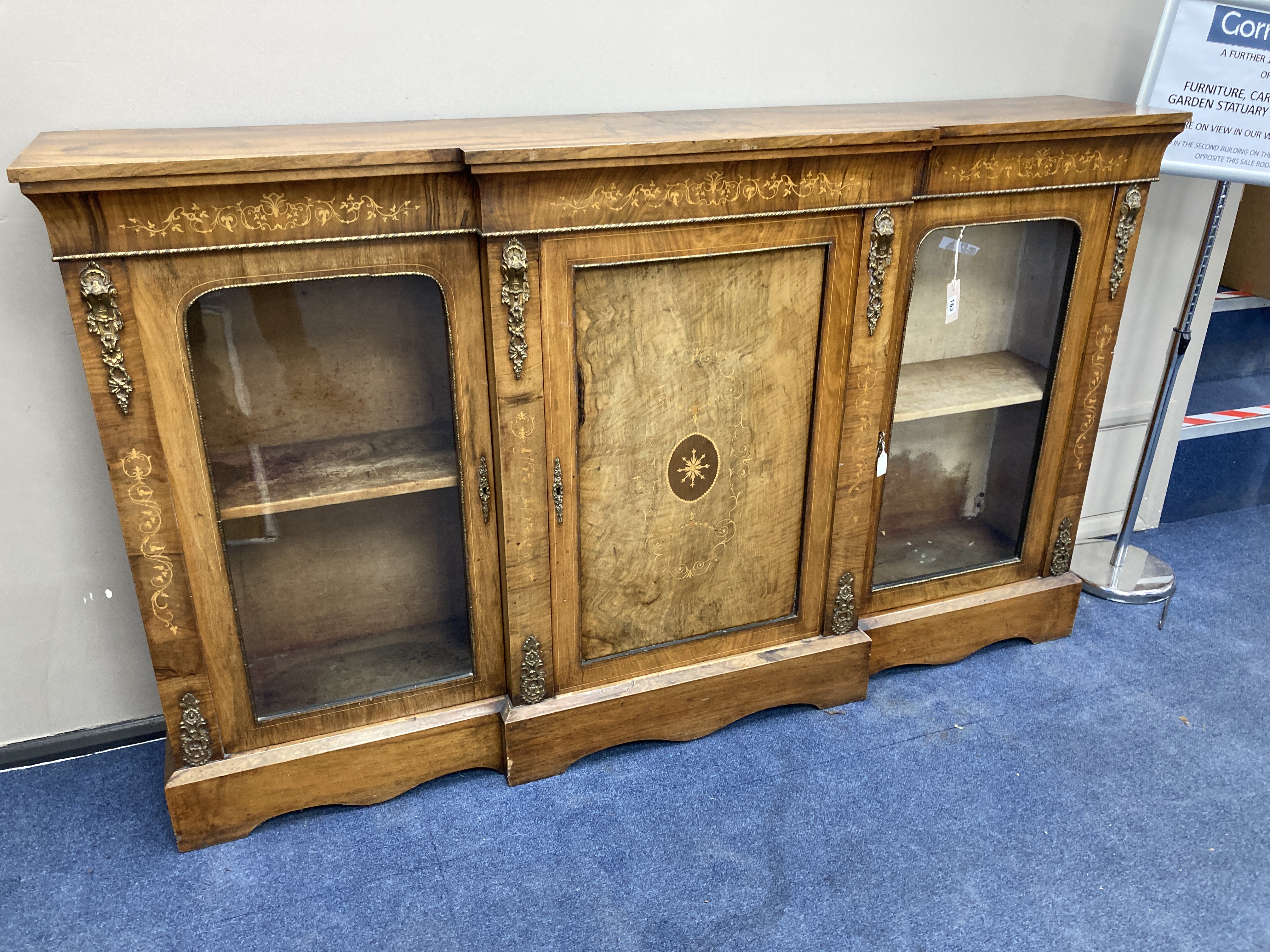 A Victorian walnut breakfront side cabinet, width 176cm, depth 34cm, height 105cm